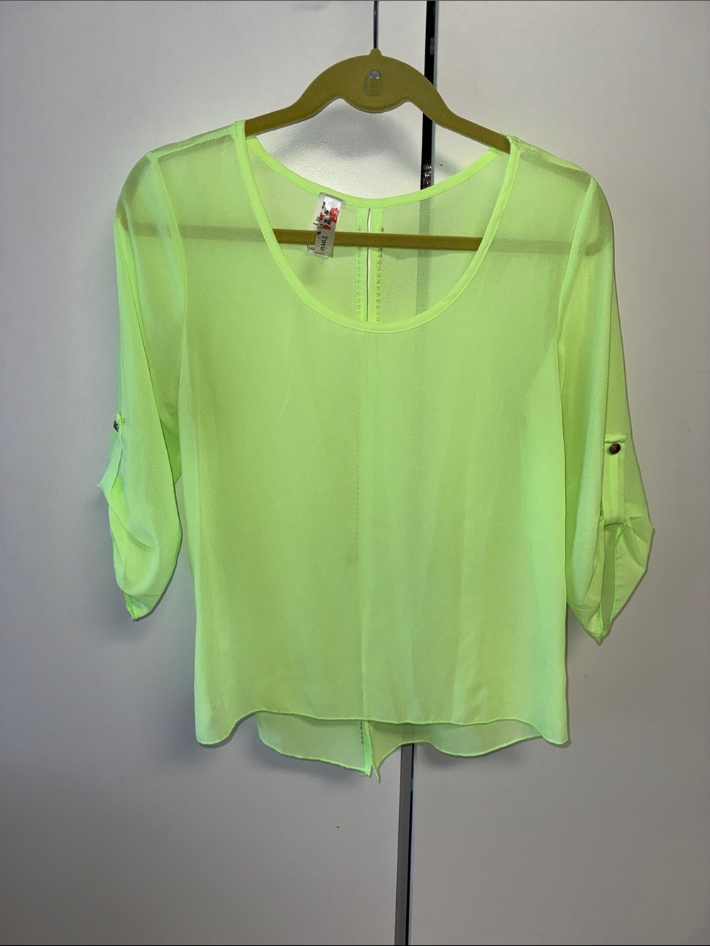 Neon Lime Semi-Sheer Women's Blouse with Roll-Tab Sleeves